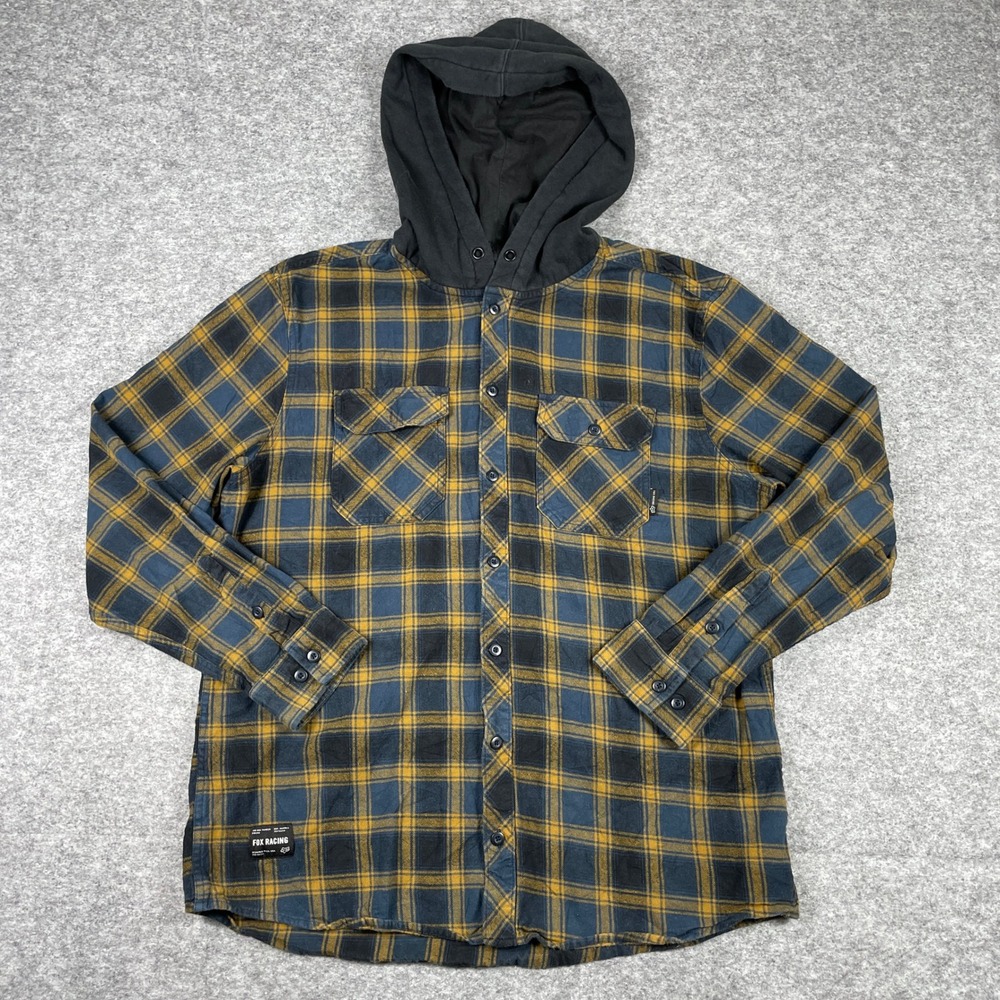 Fox Racing Flannel Shirt Mens XL Blue Yellow Plaid Hooded Button Up Long Sleeve